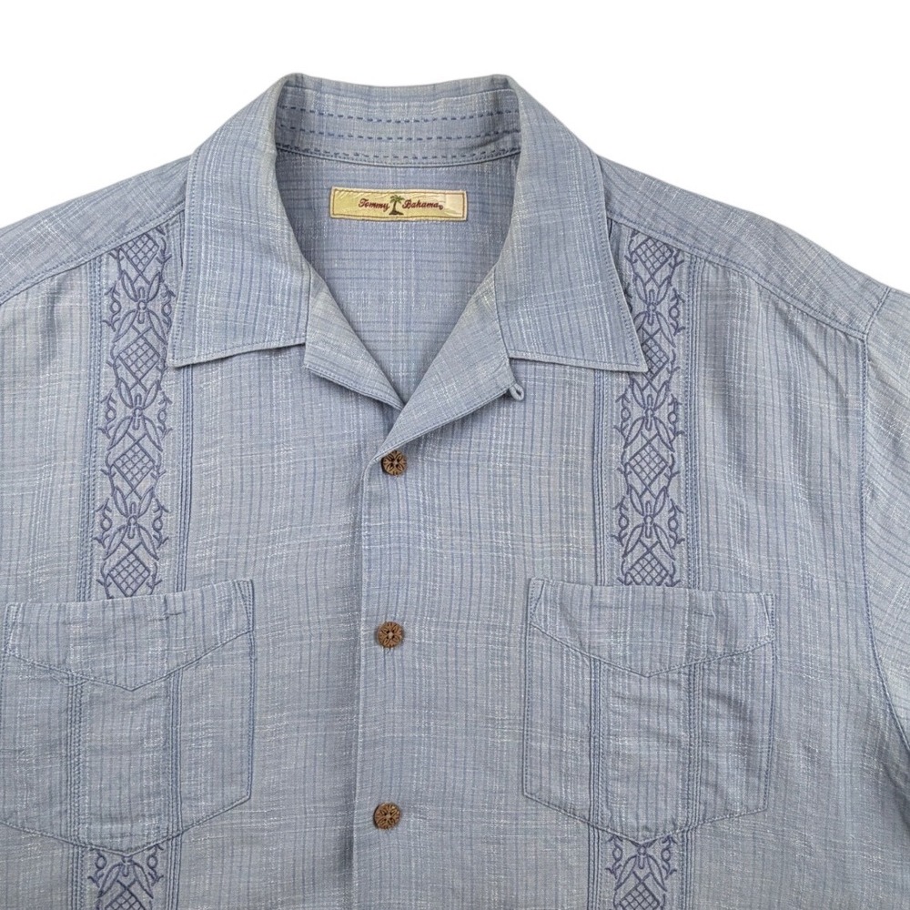 Tommy Bahama Mens Large Blue Linen Blend Embroidered Camp Shirt Short Sleeve